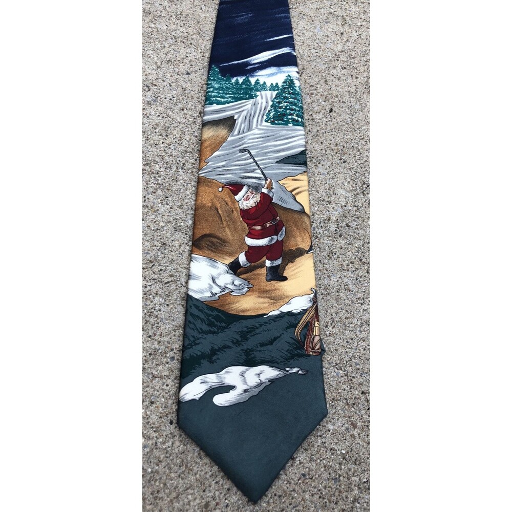 Mens Van Heusen Green Blue Santa Golf Christmas Necktie Tie Preowned